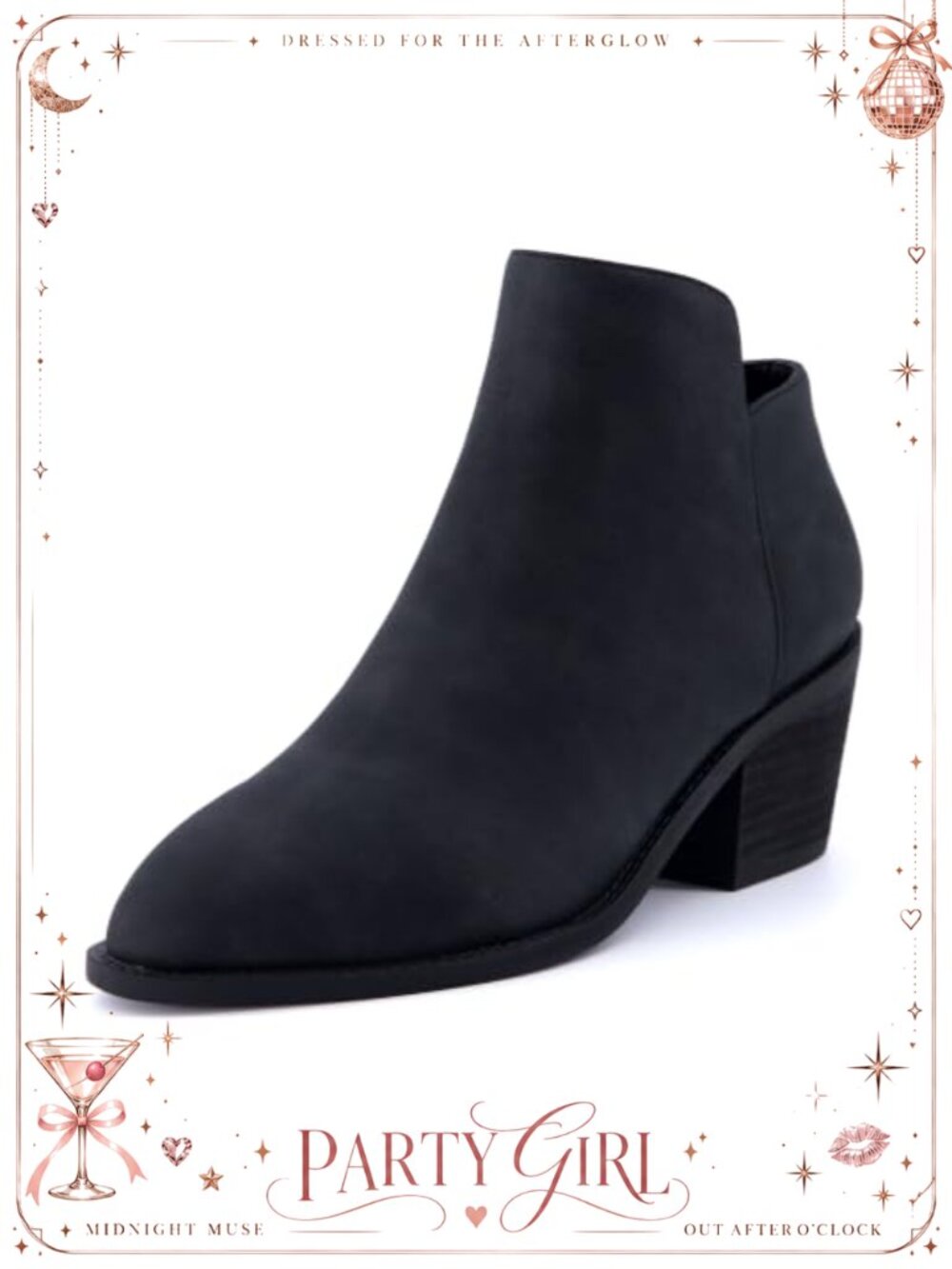 Vegan Leather Ankle Bootie Memory Foam Pointed Toe Stacked Block Heel